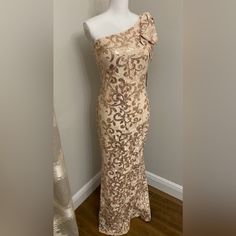 Nwt & Absolutely Stunning! Beige Gown For Spring Party, Champagne Spring Gala Dress, Spring Party Beige Gown, Feminine Champagne Party Dress, Fitted Champagne Maxi Dress For Spring, Champagne Maxi Dress For Spring, Champagne Evening Dress For Spring, Ruffle Neck Dress, Taupe Dress