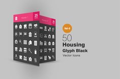 the 50 housing glyph black icons are displayed on a gray and pink background