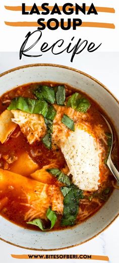 a bowl of lasagna soup with cheese and spinach on top, in front of a white background