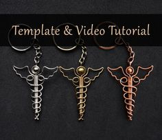 four metal key chains with the words template and video tutor written below them on a black background