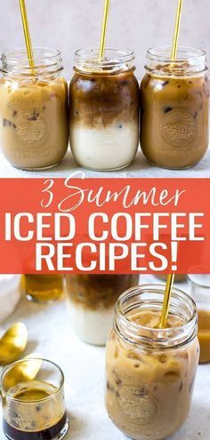 three jars filled with iced coffee on top of a white table next to glasses and spoons