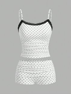 Women's Simple Polka Dot Vest And Shorts Set, Daily Wear Black and White Casual   Polyester,Knitted Fabric Colorblock,Geometric,Polka Dot  Medium Stretch  Women Clothing, size features are:Bust: ,Length: ,Sleeve Length: Sims 4 Cc Clothes Sleepwear Patreon, Cute Pj Sets Shorts, Short Pyjama Set, Cute White Shorts, Daily Clothes For Women, Cute Pajama Sets For Women, Cute Clothes Outfits, Home Clothes Women Summer, Sleep Wear For Women Nightwear