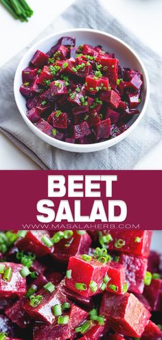 beet salad in a white bowl with green onions and celery on the side