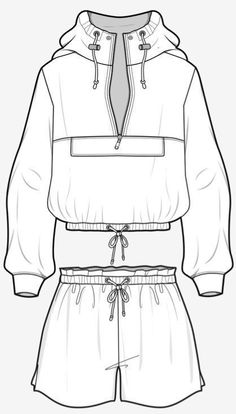 an outline drawing of a hoodie and shorts with drawstrings on the bottom