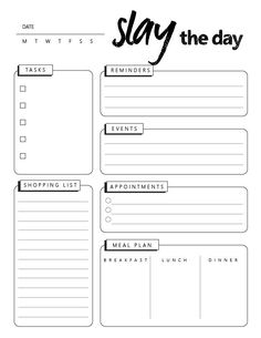 a printable meal planner with the words slay the day written on it in black ink