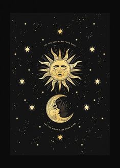 the sun and moon are in the night sky, with stars all around their sides