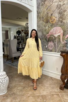 Sami Yellow Floral Print Dress Yellow Floral Print Dress, Elegant Wear, Fall Winter Dresses, Ankle Length Dress, Modest Clothing, Soft Yellow, Design Fabric, Spring Summer Dress, Dressy Outfits