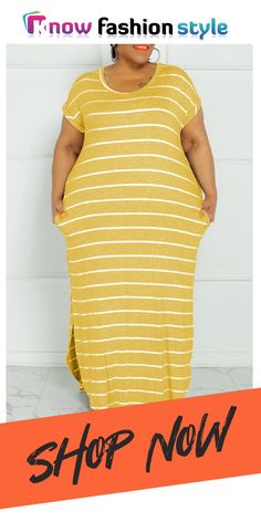 Yellow Fashion Casual Plus Size Striped Print Basic O Neck Short Sleeve Dress Casual Yellow Non-stretch Maxi Dress, Casual Non-stretch Yellow Maxi Dress, Yellow Non-stretch Casual Maxi Dress, Orange Fashion, Yellow Fashion, Short Sleeve Dress, Wholesale Fashion, Stripe Print, Fashion Casual