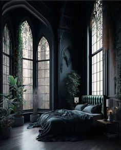 an empty bedroom with large windows and plants on the wall, along with a green velvet bed