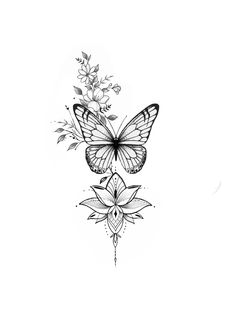 a black and white drawing of two butterflies with flowers on their wings in the background