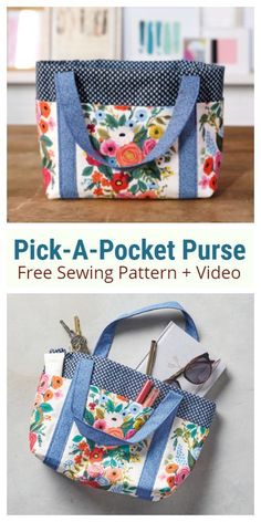 two pictures showing how to sew a pocket purse with free sewing pattern and video