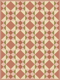 an old fashioned quilt is shown in red, green and beige colors with diamonds on it