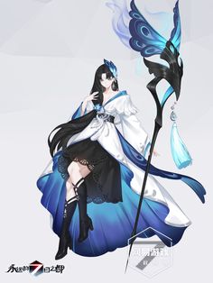 an anime character sitting on top of a blue and white bird with long black hair