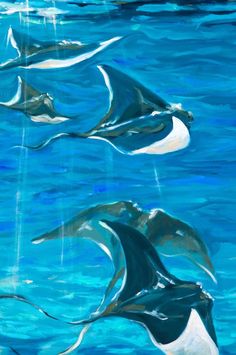 three dolphins swimming in the ocean with blue water and white bubbles on them's surface