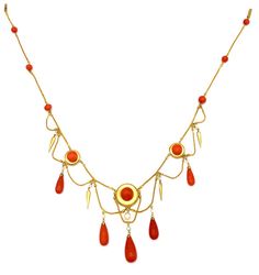 For Sale on 1stDibs - Very elegant and delicate necklace made out of 18 karat gold around 1870 in the neo archeological style. Fine fox tail chains alternate with coral beads Antique Yellow Gold Necklace With Cabochon, Antique Gold Dangle Necklaces, Traditional Cabochon Necklace For Formal Occasions, Antique Dangle Necklace For Formal Occasions, Antique Dangle Necklaces For Formal Occasions, Traditional Formal Cabochon Necklace, Traditional Gold Cabochon Necklaces, Ornate Gold Necklace With Cabochon, Heirloom Yellow Gold Necklace For Ceremonial Occasions