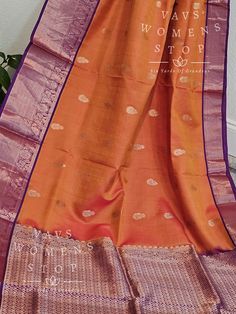 Orange Color Pure Kanchi Pattu Soft Silk Saree with stitched blouse Elevate your traditional wardrobe with this exclusive handpicked saree from Vavs Women's Stop. The beautiful combination of orange and purple in this handwoven Kancheepuram silk saree is a trendsetter in itself. The saree comes with a well-made, perfectly fitting stitched blouse, making it a hassle-free choice for any occasion. Our quick shipping from Prosper, Texas ensures that you receive your saree in time for all your auspic Kancheepuram Silk Saree, Traditional Wardrobe, Sarees Pattu, Orange Saree, Wedding Silk Saree, Silk Saree Blouse, Elegant Saree, Fitted Blouses, Soft Silk Sarees