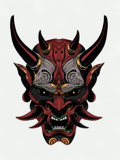 a red mask with horns and fangs on it