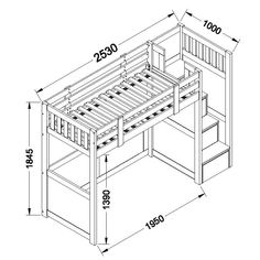 a drawing of a bunk bed with stairs and storage space underneath the ladders,