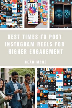 Collage of social media apps and security icons with text: "Best times to post Instagram Reels for higher engagement".