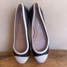 Black And White Ballet Flats With Capped Toes And Flat Heels. Purchased From Nordstrom. Retailed For $160. These Were On A Sale Shoes Rack. They Were Tried On In Store But Never Worn And Are In Excellent Condition. Sz 10w (Wide Width). **No Noted Flaws. **From A Smoke Free Environment. **See All Pictures And Measurements. **Ask Any Questions You Have. Measurements: Approximate Length: 10 3/4” Width: 3 3/4” Heels: Flats #Balletshoes #Flats #Classic #Flats #Career Black Cap Toe Heels For Spring, White Almond Toe Ballet Flats For Work, White Ballet Flats, Shoes Rack, Flat Heels, Flat Cap, Shoe Sale, Flat Shoes Women, Ballet Flats