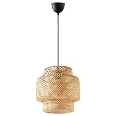 the light fixture is made out of woven material and has a black metal rod on one end