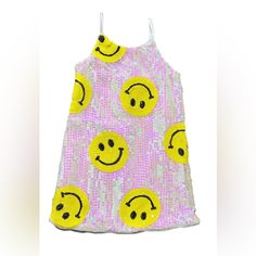 White Sequin Dress Covered In Yellow Emoji Smiley Faces. The Perfect Dress For Your Little Ones. Direct From Manufacturer. Fun Summer Dresses For Sleepover, Fun Summer Dresses For Sleepovers, Playful Yellow Dress For Dress-up, Fun Summer Sleepover Dresses, Playful Mini Length Party Dresses, Playful Mini Dress For Party, Yellow Summer Dress For Dress-up, Summer Yellow Dress For Dress-up Occasions, Fun Yellow Sleeveless Dress