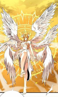 an anime character with white wings and yellow background