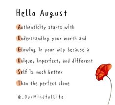 the words hello august written in different languages on a white background with an orange flower