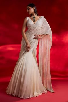 Ivory pre-draped lehenga saree with floral pearl and cutdana embroidery. Paired with a blouse with sequin and pearl embroidery. - Aza Fashions Pearl Embroidery Lehenga, Drape Saree Indo Western, Choli Style, Draped Lehenga, Ivory Saree, Drape Lehenga, Lehenga Sari, Lehenga With Blouse, Sequins Lehenga