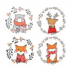 four hand drawn animals with wreaths