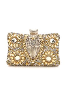 Possessing a handbag like this is a true testament to your exquisite taste and love for luxury. This dazzling clutch is designed to be the centerpiece of any glamorous ensemble. Its surface is encrusted with meticulously placed crystals and gems, creating a radiant, eye-catching effect that sparkles with every movement. The intricate floral patterns made from golden stones add a layer of sophistication and timeless elegance. The top clasp is equally adorned, ensuring that every detail of this ha Embellished Crystal Clutch For Evening, Embellished Crystal Evening Clutch, Glamorous Evening Bags With Crystal, Glamorous Handheld Evening Bag With Rhinestones, Embellished Crystal Evening Bag For Formal Occasions, Formal Embellished Crystal Evening Bag, Glamorous Handheld Evening Bag With Bling, Elegant Crystal Clutch With Bling, Elegant Crystal Bags With Rhinestones