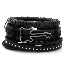 Music is your life and this multilayer guitar bracelet set complements your love for music. The multiple layers give it a very unique look. The all black bracelets are versatile and can be worn with any of your outfits. You can wear the bracelets together as a set or each one separately to create a different everyday. Every set is handmade with care. Product Information Set comes with 3 bracelets Material: faux leather Chain Type: rope chain Metals Type: alloy Clasp Type: lace-up Length: about 6 Cheap Adjustable Punk Bracelets, Black Band Wristband For Concerts, Black Rock Style Wristband As Gift, Adjustable Black Punk Wristband, Edgy Black Band Bracelets, Black Punk Festival Bracelets, Black Edgy Bracelets As Gift, Black Punk Bracelets For Festival, Edgy Band Bracelet For Concerts