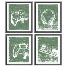 four green and white prints with video game controllers