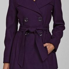 New - Never Worn Via Spiga Women’s Purple Wool Blend Double-Breasted, Notched Collar Coat Features Contemporary Fit And Is Fully Lined. - Size 14 - Notch Collar - Long Sleeves - Double Breasted Button Front Closure -Button Shown Pic 2 - Self-Tie Belted Waist - 2 Hip Pockets That Blend Into Seaming - Shoulder Yoke Flap Detail - Pleated Detailing (Makes For A Nice Swing Look And Very Flattering) - Back Split Vent Shell: 60% Wool, 30% Polyester, 10% Viscose Lining: 100% Polyester Care: Dry Clean Fitted Belted Pea Coat For Office, Elegant Purple Double-breasted Blazer, Elegant Purple Outerwear For Fall, Chic Purple Outerwear For Work, Elegant Long Sleeve Purple Outerwear, Fitted Belted Pea Coat, Purple Notch Lapel Outerwear For Fall, Elegant Purple Outerwear With Buttons, Elegant Purple Blazer For Fall