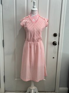 Ms Claire Vintage 1980's Pink Stripe Textured Cap Sleeve Dress in Size XS or Small  18" Pit to Pit 12" Waist  40" Long A Rare True Vintage Find! Such a Sweet Dress! Vintage Pink Midi Dress, Pink Fitted Casual Vintage Dress, Vintage Lined V-neck Midi Dress, Vintage Pink V-neck Midi Dress, Cap Sleeve Dress, Roses Vintage, Stripes Texture, Capped Sleeve Dress, Sweet Dress