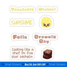 some stickers with different types of food and words on them, including brownies