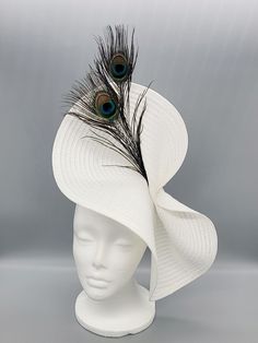 Hat With Peacock Feathers, White Feather Trim Party Hat, White Party Hat With Feather Trim, White Ostrich Feather Hat For Kentucky Derby, White Ostrich Feather Wedding Headpiece, White Feather Trim Fascinator For Party, White Feather Trim Fascinator For Races, White Ostrich Feather Headpiece With Feather Trim, White Fascinator With Feather Trim For Races