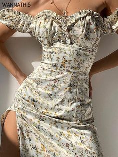 Floral Off Shoulder Puff Sleeve Lace Up Side Split Mid-Calf Dress Off Shoulder Puff Sleeve, Puff Sleeve Maxi Dress, Shoulder Puff Sleeve, Aesthetic Dress, Calf Sleeve, Dress For Woman, Women's Robe, Sleeve Maxi Dress, Sleeve Dresses