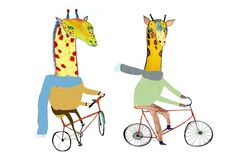 two giraffes are riding on the same bike as each other in different colors