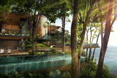 an artist's rendering of a house in the woods with water running through it