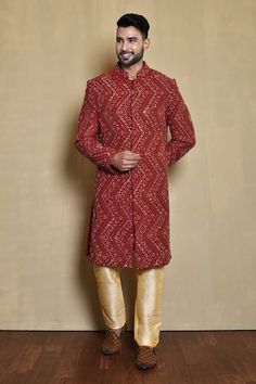 Red full sleeve sherwani with mirror, thread, cutdana, sequin embroidery in chevron pattern. Paired with gold pant. - Aza Fashions Gold Pants, Sequins Embroidery, Red Silk, Silk Embroidery, Chevron Pattern, Mandarin Collar, Full Sleeve, Pure Silk, Aza Fashion