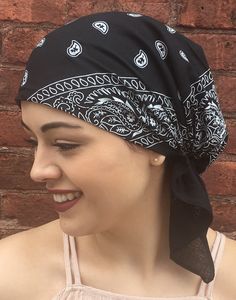 100% cotton, breathable head cover. Unique personal gift. Conceals and covers hair Uptown Girl Headwear brand ❤️ Lightweight pre tied gathered elasticized head wrap for men and women ❤️ Youthful athletic casual style ❤️ Cotton non stretch fabric ❤️ New easy slip on style. Slips on like a hat, but looks like a bandana scarf ❤️ Elasticized at the back for easy on easy off, and for a comfortable fit ❤️ Fits head size circumference 20-24 (Small medium large) ❤️ Knot both ties, or leave them hanging. Breathable Casual Bandana One Size Fits Most, Breathable Casual Bandana, Black Headwrap For Summer Beach Days, Black Bandana For Summer Beach Outings, Casual Adjustable Breathable Bandana, Black Bandana For Summer Beach, Black Breathable Casual Bandana, Black Bandana For Beach And Summer, Adjustable Bandana Print Headwrap For Summer