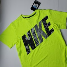 Nike Dri-Fit Sport Shirt Pulls Away Sweat To Help Keep You Dry And Comfortable, Neon Green Brand New With Tag Nike Green Top With Logo Print, Nike Green Tops With Logo Print, Nike Sports Shirt For Summer, Nike Summer Sports Shirt, Tops Nike, Green Brands, Nike Green, Sport Shirt, Kids Nike