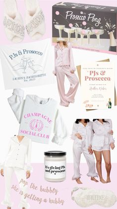 some pink and white items on a pink background with the words pyjama party