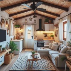 a living room filled with furniture and a flat screen tv on top of a wooden ceiling