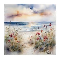 watercolor painting of flowers and grass on the beach at sunset with clouds in the sky