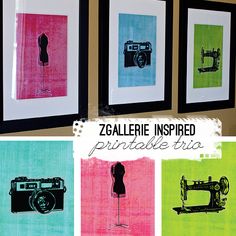 four framed pictures with different types of sewing machines on them and the words, zollette inspired printables