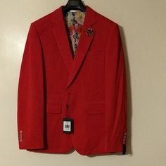 Slim Fit T.R Tailored Recreation Red Sport Coat Floral Design Inside For That Special Moment 2x Tag Only Shown For Accurate Material Of Blazer. Red Winter Suits For Workwear, Red Single-breasted Suits For Spring, Red Party Suits For Fall, Elegant Red Spring Suit, Red Winter Outerwear For Semi-formal Occasions, Designer Tailored Red Blazer, Red Long Sleeve Formal Blazer, Red Semi-formal Elegant Outerwear, Elegant Red Semi-formal Outerwear