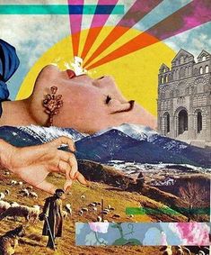 a collage of an image of a woman's face and hands with sheep in the background