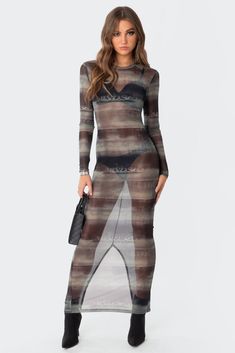 Maxi dress Sheer dress Printed mesh fabric Polyester Model wears size S Model height is 5'8 Item care: Wash with similar color Sheer Long Sleeve Dress, Going Out Looks, Mesh Maxi Dress, Sheer Long Sleeve, Outfits 2023, Swimwear Dress, Draped Dress, Sheer Dress, 50's Dress